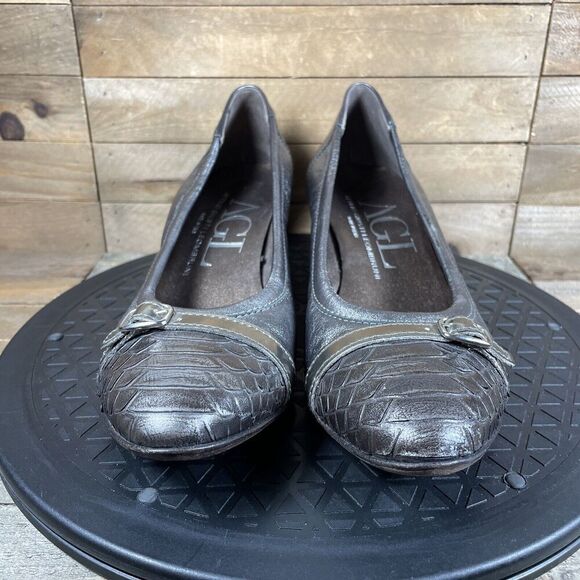 AGL Womens Size 9 Leather Ballet Wedge Heels Gray/Silver Snakeskin Toe Eur 39 - Picture 4 of 10